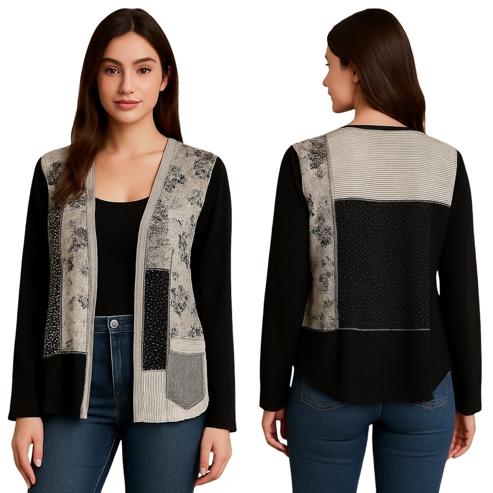 TOMMY N' LOULOU Cardigan Womens Large Black Patchwork Floral Lace Artsy
